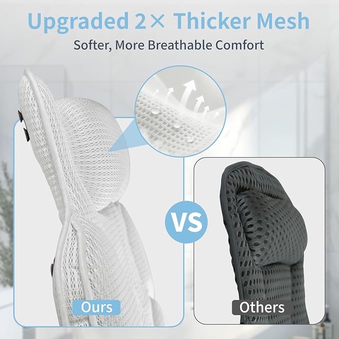Thickened Anti-Slip Bath Pillow for Tub, 88 Powerful Suction Cups, 5D Mesh Fabric, Ergonomic Head Neck Back Support, Quick Drying and Machine Washable, Luxury Spa Gift for Women