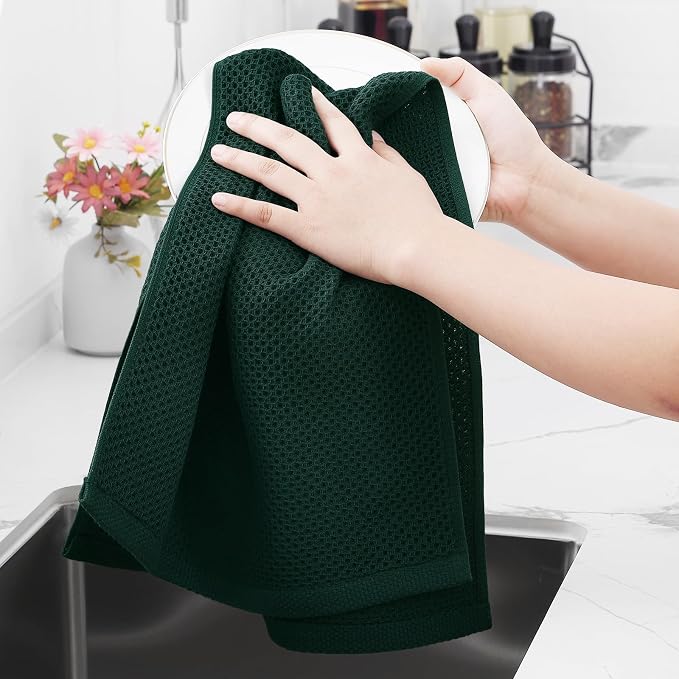 Homaxy 100% Cotton Waffle Weave Kitchen Dish Towels, Ultra Soft Absorbent Quick Drying Cleaning Towel, 13 x 28 Inches, 24-Pack, Blackish Green