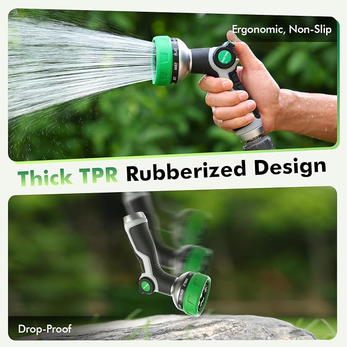 [2 Pack] RESTMO 10-in-1 Water Hose Nozzle, Garden Hose Sprayer with 10 Adjustable Spray Patterns, Easy Thumb Control for Flow Adjustment, Ideal for Watering Plants & Lawns, Washing Cars & Pets, Green