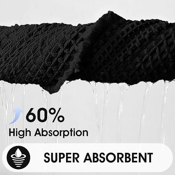 Upgraded Waffle Bath Mat Set 2 Piece Black-Herringbone, Super Absorbent Non-Slip Quick Dry Bathroom Rugs with Tassels, Machine Washable Ultra Soft Boho Bath Rugs, Toilet Mats Boho Farmhouse Decor