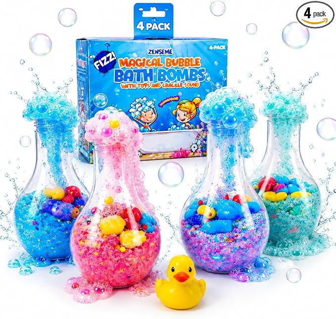 Bubble Bath Bombs for Boys with Mini Toy Ducks Inside – Bubble Bath for Kids - Kids Bath Bombs Toys Powder– Bathtime Experiment Kit Mix - Blast of Foam & Colours – Gift Set of 4 - Bath Toys