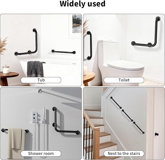 16 Inch Angled Grab Bar, iHansee Anti Slip L-Shaped Shower Grab Bar w/ 16 Inch Straight Bathroom Balance Bar, Knurled Stainless Steel Safety Handle for Seniors Elderly Injury Handicap, Matte Black