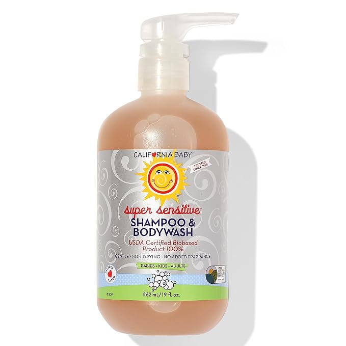 California Baby Super Sensitive Shampoo and Body Wash - Hair, Face, and Body | Gentle, Fragrance Free, Allergy Tested | Dry, Sensitive Skin, 19 Ounces