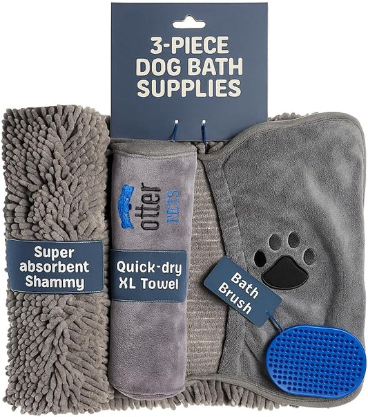 OtterPets 3 Piece Set: 2 Dog Towels and Dog Bath Brush. Dog Shammy and Microfiber Dog Towel. Super Absorbent Towels, Dog Bath Supplies, Dog Scrubber for Bath