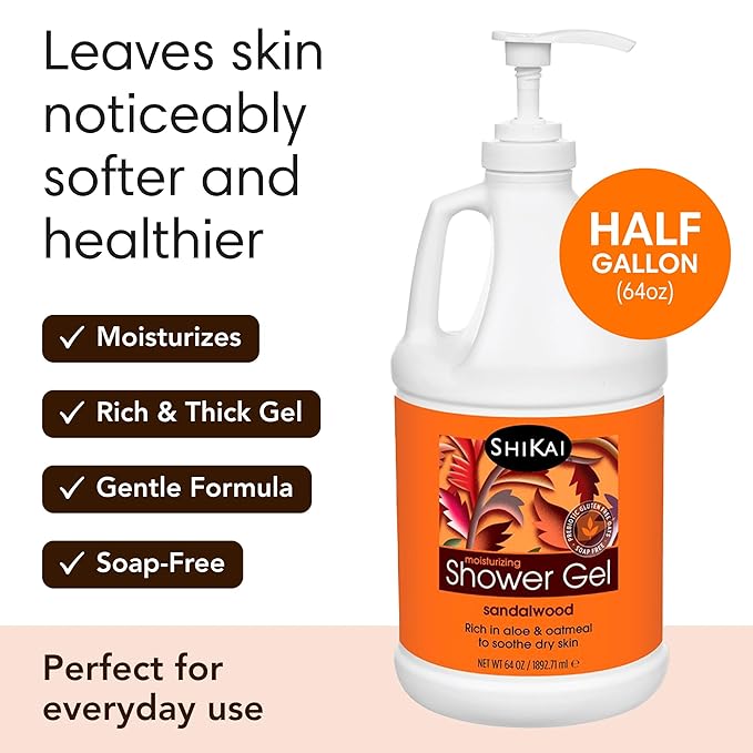 ShiKai Daily Moisturizing Shower Gel (Sandalwood, 64 oz) | Gentle Soap-Free Body Wash for Dry and Sensitive Skin | With Aloe Vera & Oatmeal