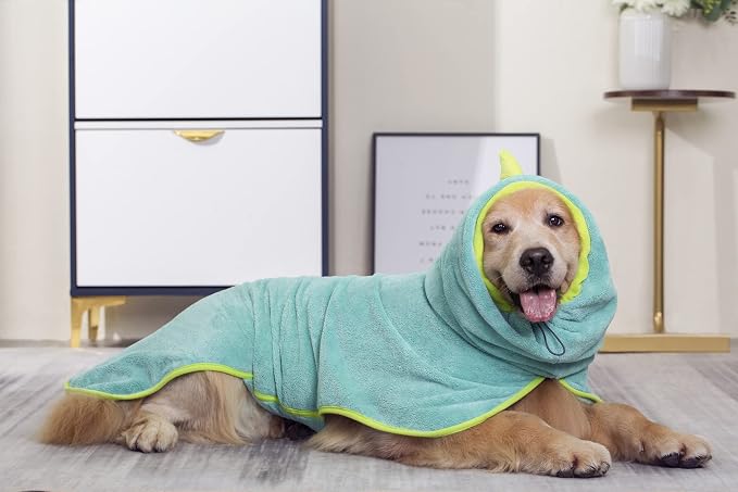 Pawyee Super Soft Fast-Drying Dog Towel Set for Cold Weather, Beach, Pool - Adjustable Microfiber Bath Robe with Drying Gloves for Cats and Dogs (L, Blue Dino)