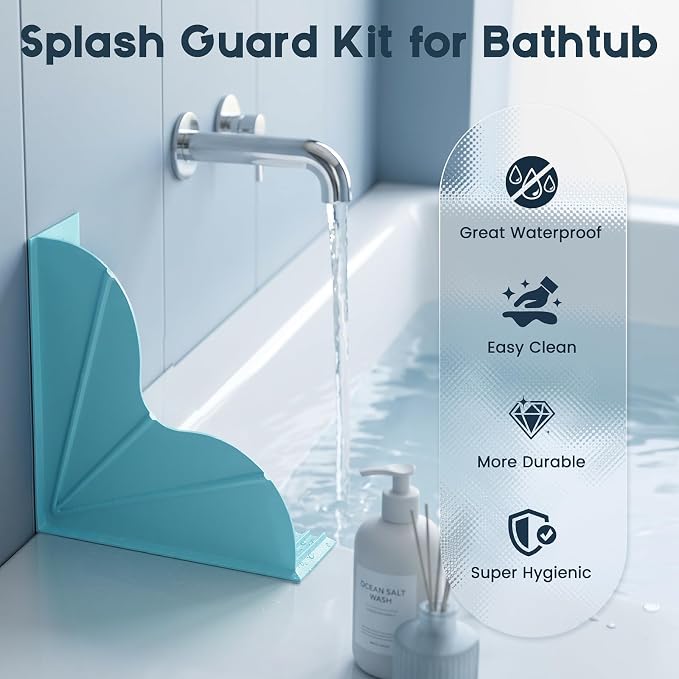 Shower Splash Guard for Bathtub 2 Packs, Silicone Bathtub Water Guard Kit, Waterproof Bath Tub Water Blocker, Shower Corner Guards to Keep Water in Shower or Bath - Blue
