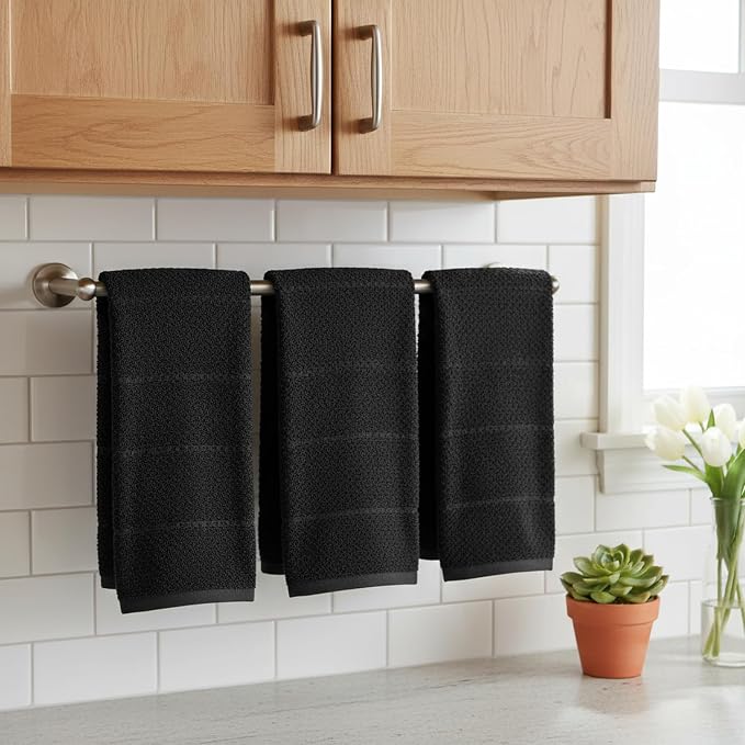 Serafina Home Black Textured Kitchen Hand Dish Towels 100% Cotton Cloth Soft Cleaning Drying Absorbent Terry Loop: Set of 3 Multipurpose for Everyday Use