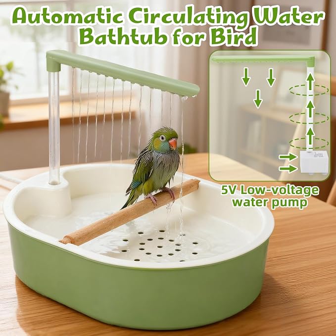 Automatic Parakeet Bird Bath with Quiet Running Water Pump Tub | Electric Parrot Bathtub Toy with Shower for Small Medium Birds, Cockatiel, Budgie, Conure, Lovebird, Quaker
