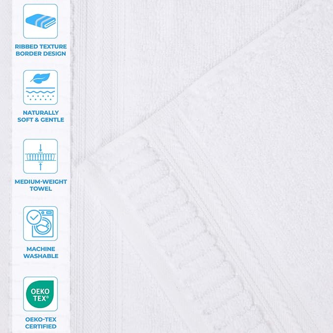 Superior Venice Zero Twist Cotton Medium Weight Towels, for Guest Bath, Bathroom, Shower, Spa, Plush Towels, Bath Essentials, Ribbed Textured Border, 6 Piece Assorted Towel Set, White