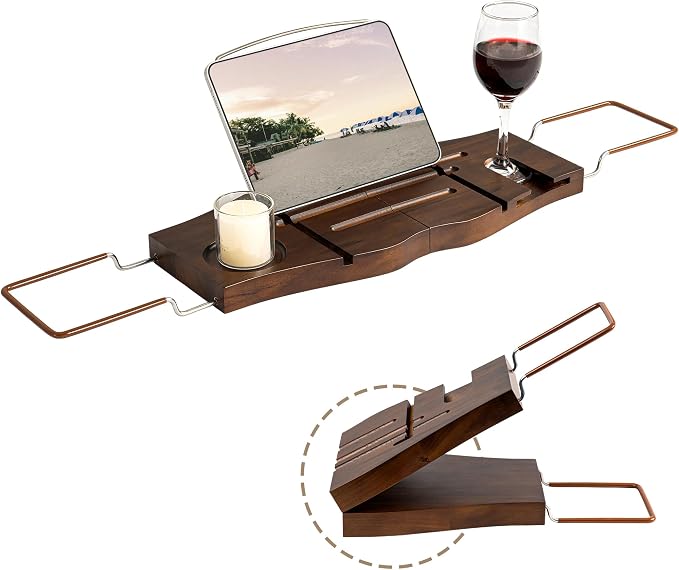 Dream Dark Walnut Teak Expandable Bathtub Caddy Tray | Dark walnut stained teak, expandable, gift-ready, wine book storage for deep tubs