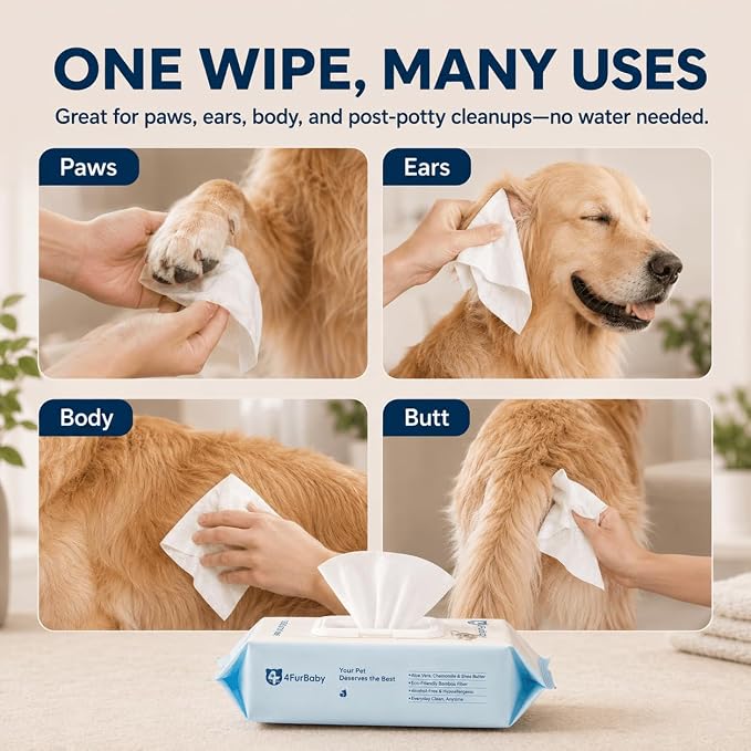 8" x 8" Dog Wipes for Paws and Butt, Unscented, 400 Count | Hypoallergenic and hydrating pet grooming wipes for dogs, cats, and daily care.