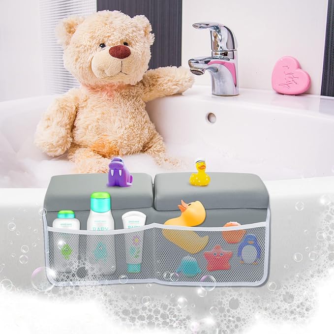 Beyoung Baby Bath Kneeler and Elbow Kneeling Rest Pad Set, Thickened Bathtub Kneeler Pad with Memory Foam and Bath Toys Organizer, Ideal Bath Kneeling Pad for Bathing Baby,Grey