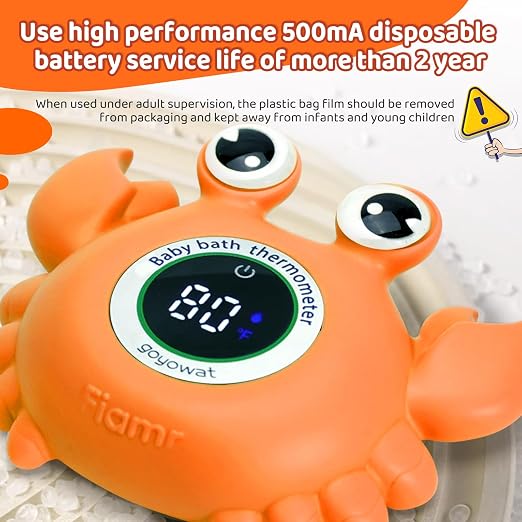 Baby Bathtub Thermometer with LED Display Screen+Orange Crab toy-2-in-1 | Color Coded Alarm (Cold/Comfortable/hot) Bath Temperature Monitor, Adorable Floating Toys for Infants, Essential for Babies