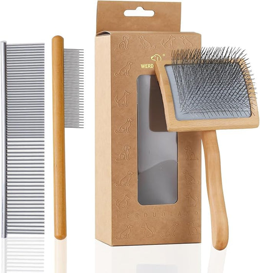 Ergonomic Slicker Brush for Long-Haired Dogs - Wooden Handle, Long Pins for Grooming Goldendoodles