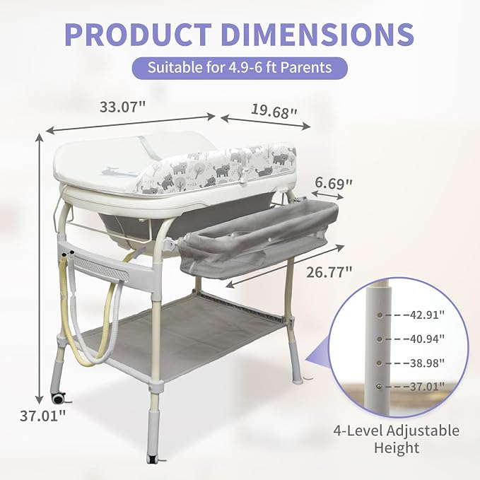 2 in 1 Baby Bathtub with Changing Table, DEYGIA Waterproof Diaper Changing Station Portable Changing Table Adjustable Height Nursery Organizer with Storage Rack for Newborn Infant Toddler, Cat Pattern
