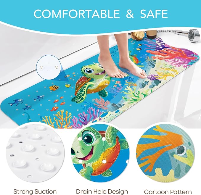 SHUCHING Baby Bath Mat for Tub Non Slip-40x16 Inch, Sea Turtle | Bathtub Mat for Kids & Toddler Mold Free, Long Shower Mat for Inside Shower with Suction Cup, Machine Washable