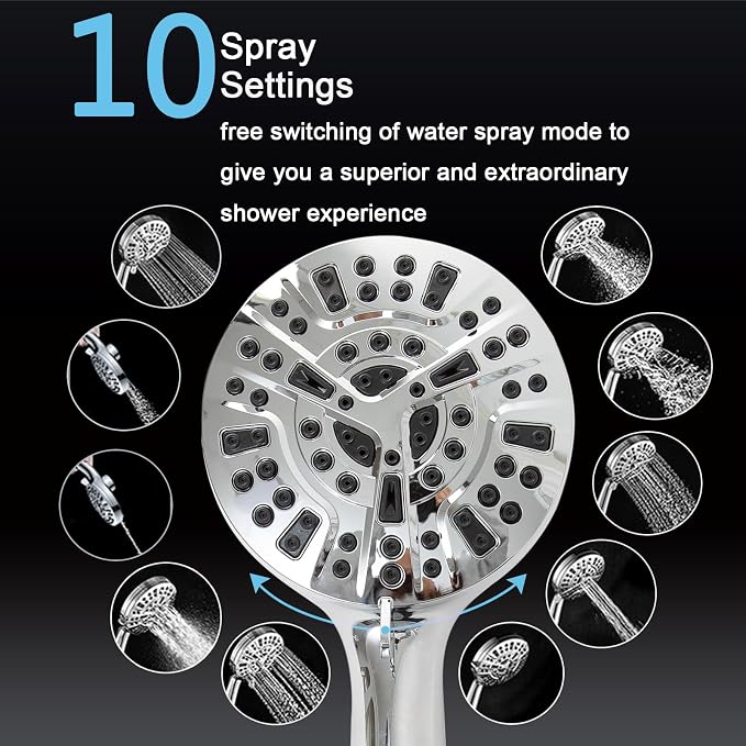 High Pressure Shower Head with Magnetic Back Fixed Base Design,Handheld Showerhead with Hose Set Stainless Steel 59 inches/5 ft 10-Setting 5 inches Large Face,Chrome Finish (Silver)
