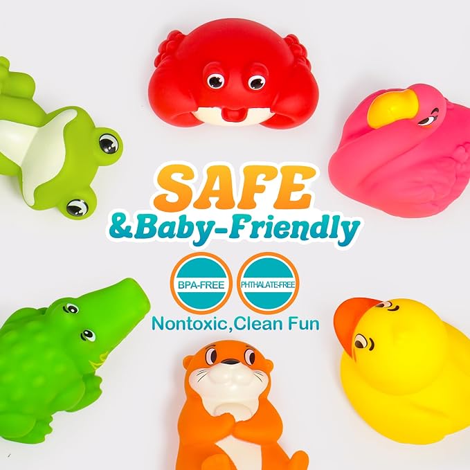 Mold Free Bath Toys for Kids Ages 1-3, 6Pcs No Hole River Baby Bath Toys Design Keeps Moisture Out, Toddler Learn Crab Ducks Animal with Soft Squeeze Bathtub Toys, Pool Toy