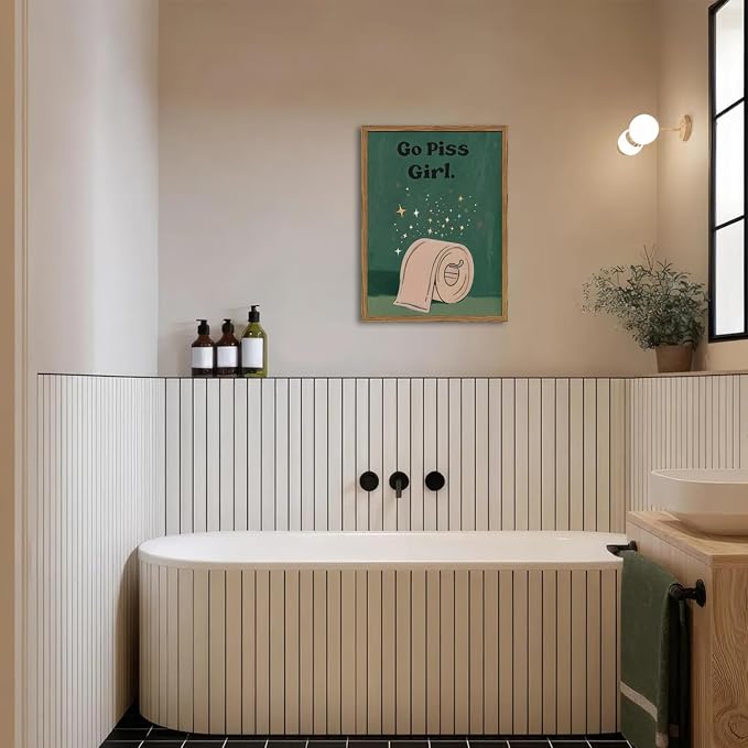 Funny Girl Bathroom Wall Art Go Piss Girl Toilet Paper Sign Wall Decor Picture Trendy Retro Moody Green Quote Restroom Poster Canvas Painting Prints 12x16 inch Wood Framed