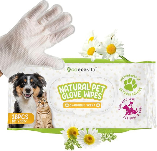 GoEcoVita Pet Deodorizing Glove Wipes for Dogs & Cats | Nourish & Clean Fur & Skin | Coconut Oil & Chamomile Rinse-Free Wipes | Bathing Glove Wipes for Daily Care | Natural, Hypoallergenic (18 Pack)