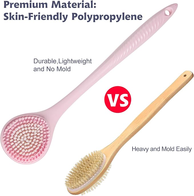 BEDELITE Back Scrubber for Shower, Soft Bath Brush Long Handle for Men & Women(16.4 Inches), Anti Slip Body Scrubber Exfoliator for Cleaning(Pink)