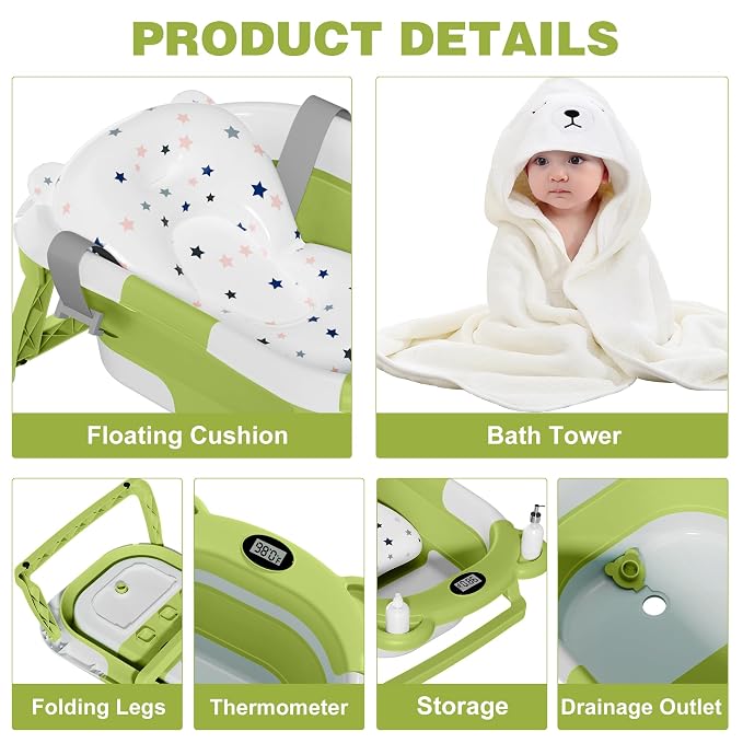 MoreFeel Collapsible Baby Bathtub for Newborn with Thermometer,Portable Travel Bathtub with Drain Hole, Durable Foldable Baby Tubs for Infants to Toddler