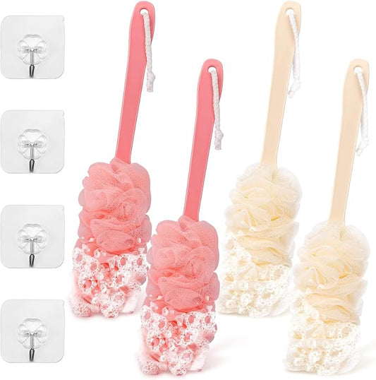 4Pack Back Scrubber for Shower Loofah with Long Handle, Shower Brush for Body, 17″ Loofah on a Stick for Men Women Bathing Accessories, Scrubber Sponge for Exfoliating Bath Brushes (Beige & Pink)