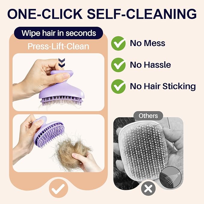 Oleamuo Dog Bath Brush for Grooming & Shedding, Self-Cleaning Pet Scrubber | One-Click Hair Release, Helps Reduce Shedding, For Short & Long-Haired Dogs and Cats, Wet & Dry Use(Purple)