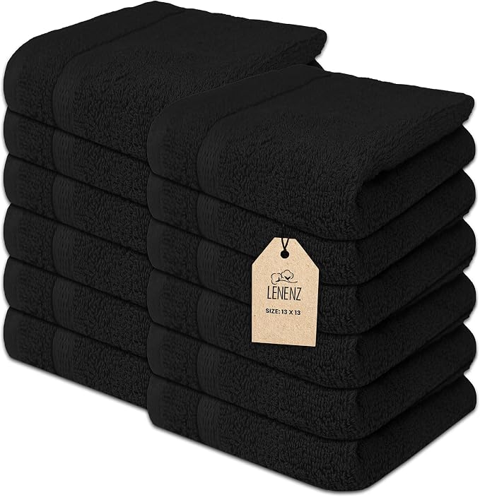 Soft Wash Cloths - 12 Pack Plush and Absorbent Cotton Washcloths for Face, Body, and Baby - Multi-Purpose, Quick-Dry Wash Cloths Set 13x13'' (Black)