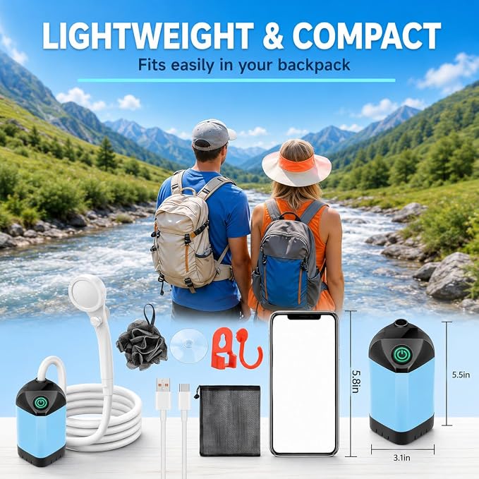 Portable Shower for Camping, 7800mAh Rechargeable Camping Shower Pump with USB-C, IPX8 Waterproof Outdoor Shower Kit with 3 Spray Modes, Portable Shower Head for Camp, RV, Beach, Pet Washing & Hiking