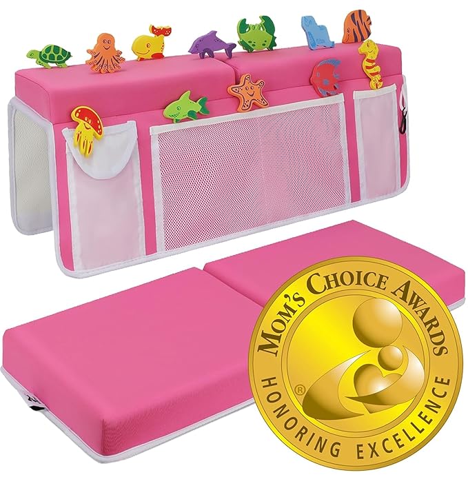 Bath Kneeler – 8 Suction Cups & 1.5" Thick Padding. Award Winning Baby Bath Kneeler and Elbow Rest Pad Set with 5 Bath Toy Organizer Pockets. Non Slip Fast Drying Baby Bath Essentials by Supa Ant-Pink
