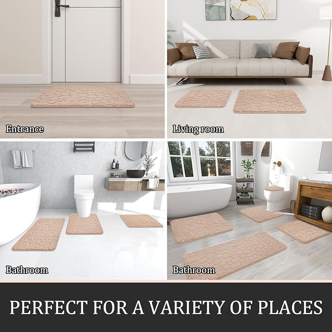 YIHOUSE Bathroom Rugs Mat Set, Memory Foam Bath Mat 2 Piece Khaki | 17x24&20x32, Non Slip, Water Absorbent, Washable, Bath Mat For Bathroom, Sink and Toilet