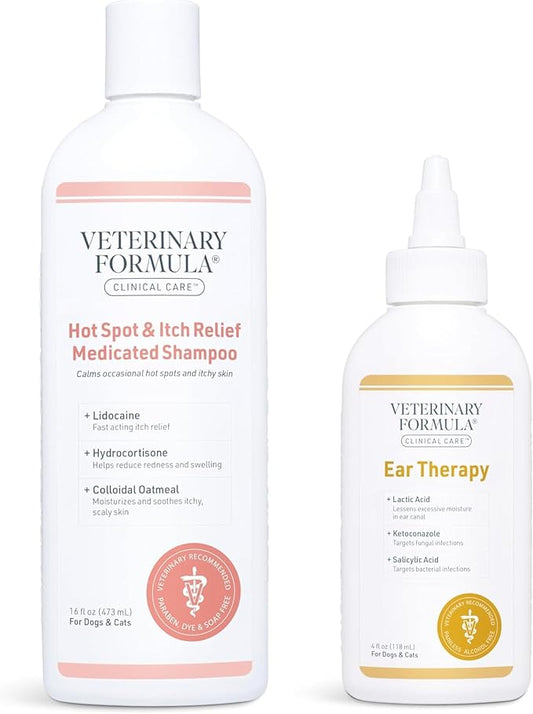 Veterinary Formula Clinical Care Hot Spot & Itch Relief Medicated Shampoo for Dogs and Cats (16oz) + Veterinary Formula Clinical Care Ear Therapy for Dogs and Cats (4 oz.)