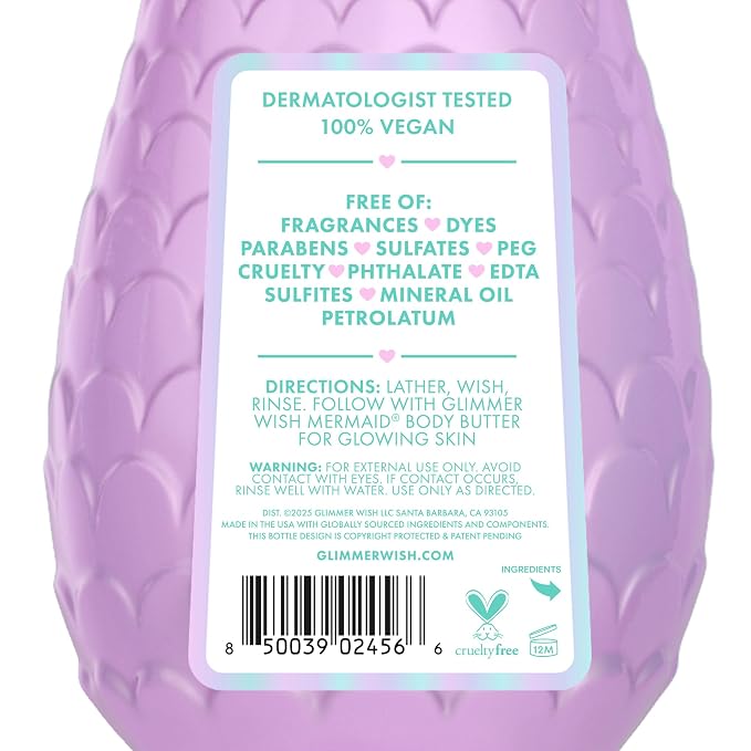 Glimmer Wish Fragrance Free and Dye Free Kids Body Wash for Sensitive Skin, Plant Based Cleansers, Organic Botanicals and Pro-Vitamin B5, 12 Fl Oz (Mermaid)