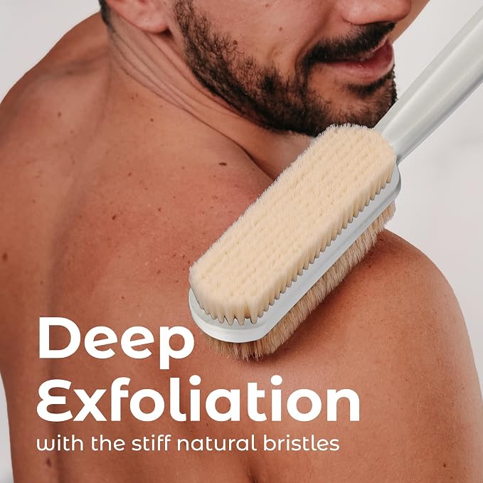 MainBasics Back Scrubber for Shower, Long Handle Body Brush, 15.75 Inch | Dual-Sided Exfoliating and Soft Bristles