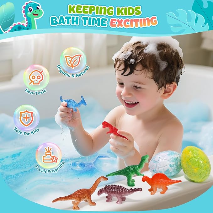 Dinosaur Bath Bombs for Kids with Surprise Inside, Gifts for Kids | Natural Organic Formula, Fun Bubble Bath Fizzes for Daily Bath Time, Boo Basket Stuffers, Birthday & Christmas Gift for Kids