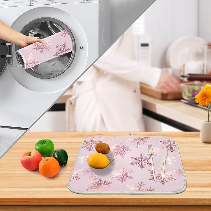 Rose Gold Snowflake Dish Drying Mat, Absorbent Drainer Mats for Kitchen Counter Coffee Maker 24"x18"