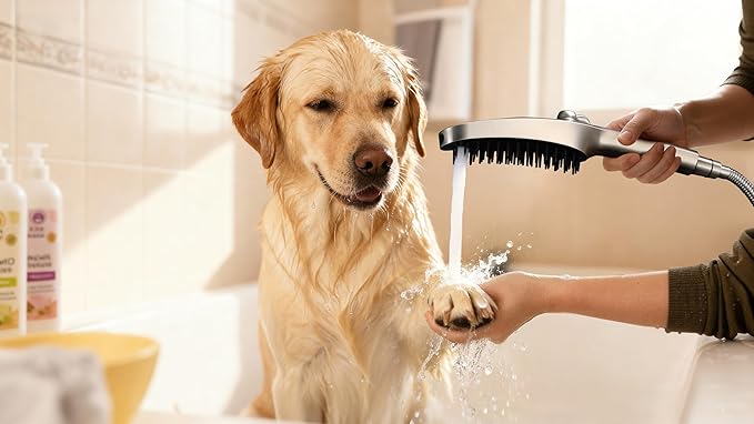 G-Promise 3 Mode Dog Shower Attachment with Pause Mode, Dog shower Sprayer with 159 Inches Stainless Steel Hose, Metal Diverter, Adhesive Holder, for Fast and Easy Dog Bathing and Cleaning