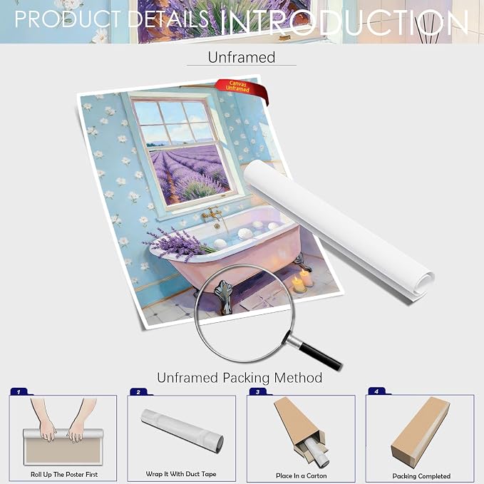 Lavender Field Bathroom Wall Art Serene Pink Clawfoot Tub Poster Floral Farmhouse Spa Oil Painting Print Aesthetic Wall Decor for Powder Room Apartment 16X24 in Black Framed