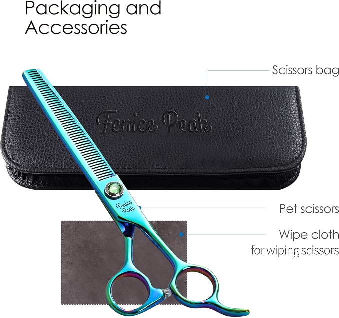 7'' Green Thinning Dog Grooming Scissors Pet Shears with Ergonomic Offest Handle and Simulated Emerald Screw 440C Grooming Scissors Trimming Shears Durable and Sharp