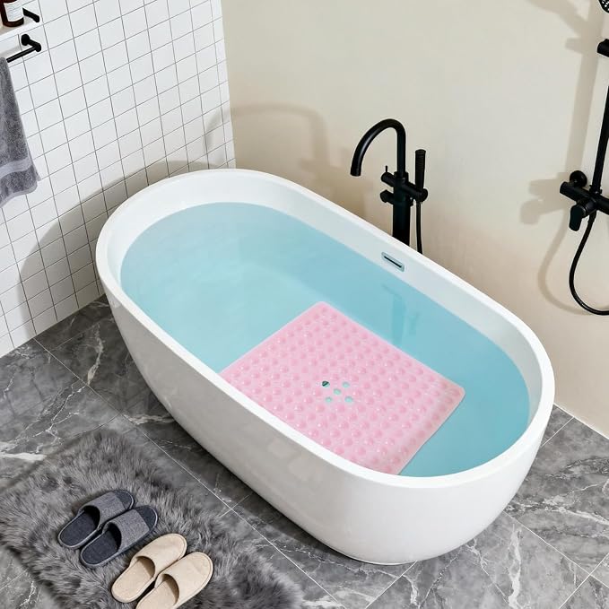 Anti-Slip Bathtub Shower mat, 21×21（ 53×53cm） inch Soft Oversized Machine Washable Non-Slip Bathtub mat with Drainage Holes, Bathroom Floor Suction Cup.（1-Clear Pink）