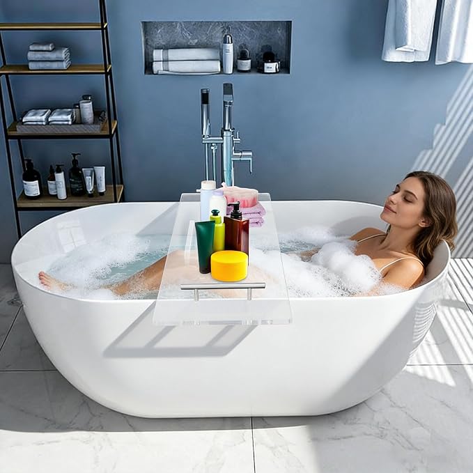 Bathtub Tray, Acrylic Tub Tray Shelf with Handles & Tablet Slots, Clear Bath Tub Caddy Rack with 11Lbs Capacity, for Home, Hotel, Homestay, SPA, Beauty Salon (39.4" x 9.5")