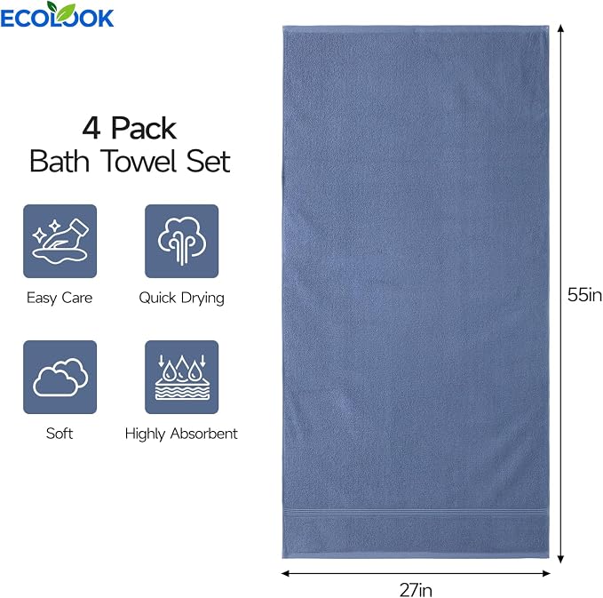 ecolook Bath Towels Set of 4, 100% Cotton, 27 x 55 Inches, Quick-Drying & Absorbent, Lightweight, Soft Towels for Bathroom,Shower,Spa, Gym & Hotel, Dark Blue