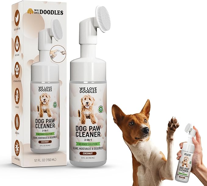 We Love Doodles No-Rinse Dog Paw Cleaner with Built-in Silicone Bristle Brush | 3-in-1 Dirty Paw Washer Foaming Foot Cleaner for Muddy Pet Dogs & Cats | Gentle Waterless Shampoo - Coconut | 5 fl oz