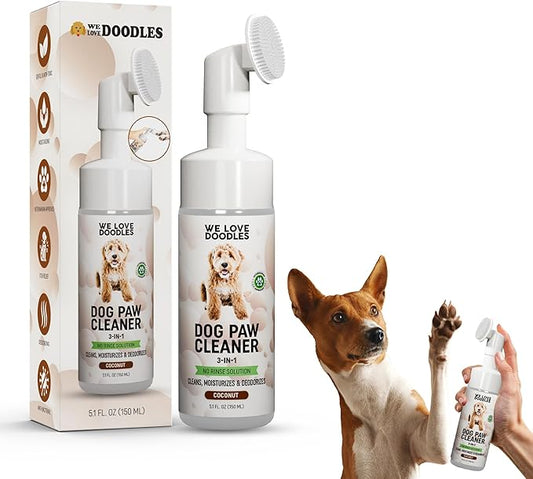 We Love Doodles No-Rinse Dog Paw Cleaner with Built-in Silicone Bristle Brush | 3-in-1 Dirty Paw Washer Foaming Foot Cleaner for Muddy Pet Dogs & Cats | Gentle Waterless Shampoo - Coconut | 5 fl oz