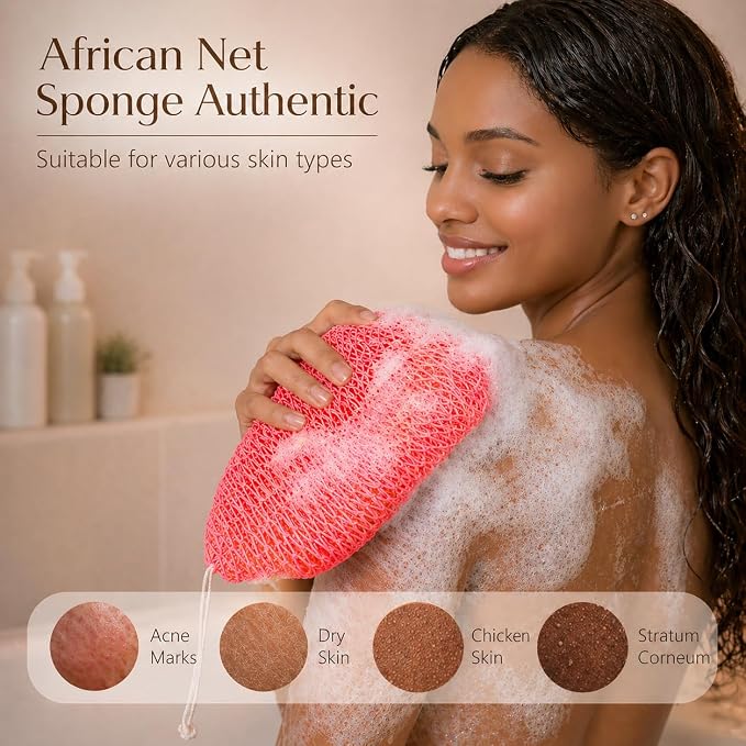 African Net Sponge Authentic, 4 Pcs Real African Exfoliating Net Sponge with Knots for Daily Shower Stretch Back Scrubber for Women Men Bath Travel Gift Gym Use (Black+Olive Green+Pink+Champagne Gold)