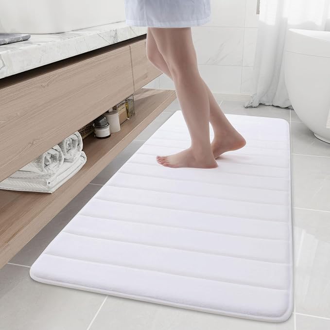 Buganda Memory Foam Bath Mat, 60" x 24", Ultra Soft Bathroom Rugs, Water Absorbent and Machine Washable Bath Rug Runner for Bathroom, Shower, and Tub, White