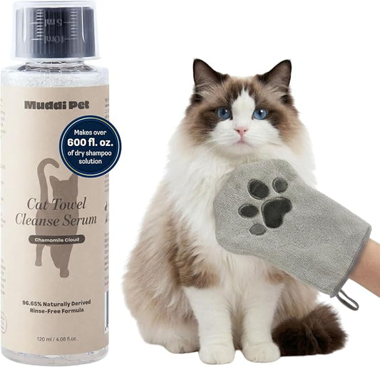 Concentrated Cat Waterless Shampoo & Conditioner with Bath Mitt - Rinse-Free, Sensitive Skin, Stress & Itch Relief Gentle Leave-in Serum – 98.65% Naturally Derived Dry Shampoo for Cats