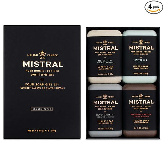 Mistral Men’s Luxury Bar Soap for Men | Gift Set (4 x 8.8 oz) – Mezcal Lime, Salted Gin, Silver Absinthe, Bourbon Vanilla | Moisturizing, Triple-Milled Natural Soap for Men - Made in France